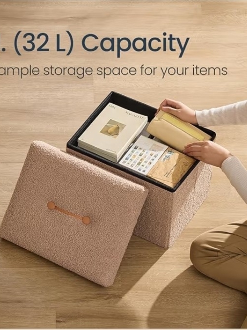 Plush Bouclé Storage Ottoman with Lid - Blush Pink - Picture 4 of 8